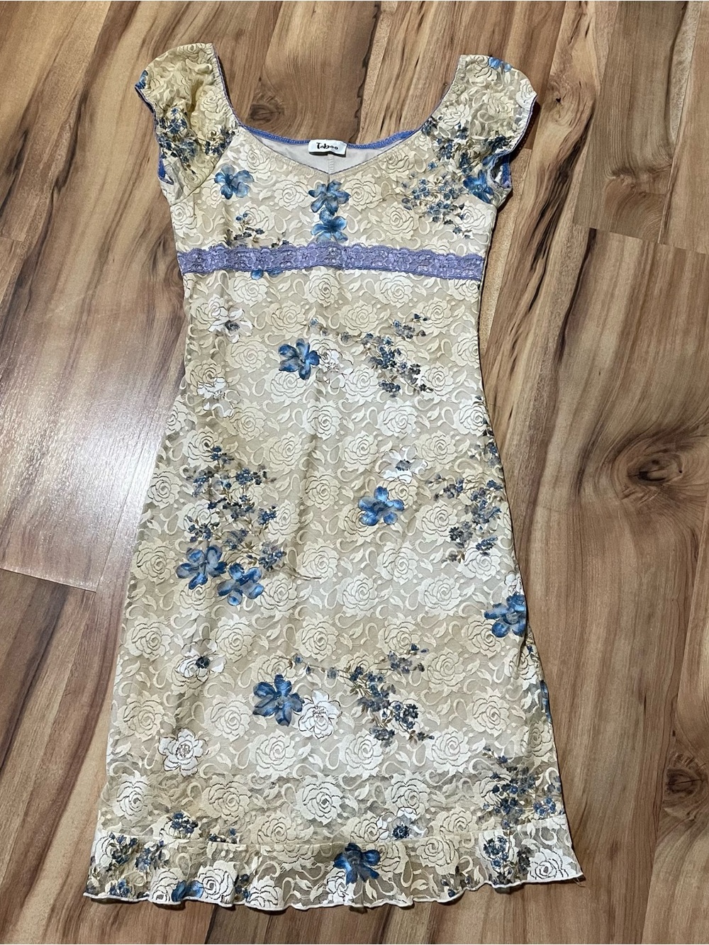 Vintage Y2K Taboo Cream Lace Milkmaid Dress - Blue Floral Lace Overlay